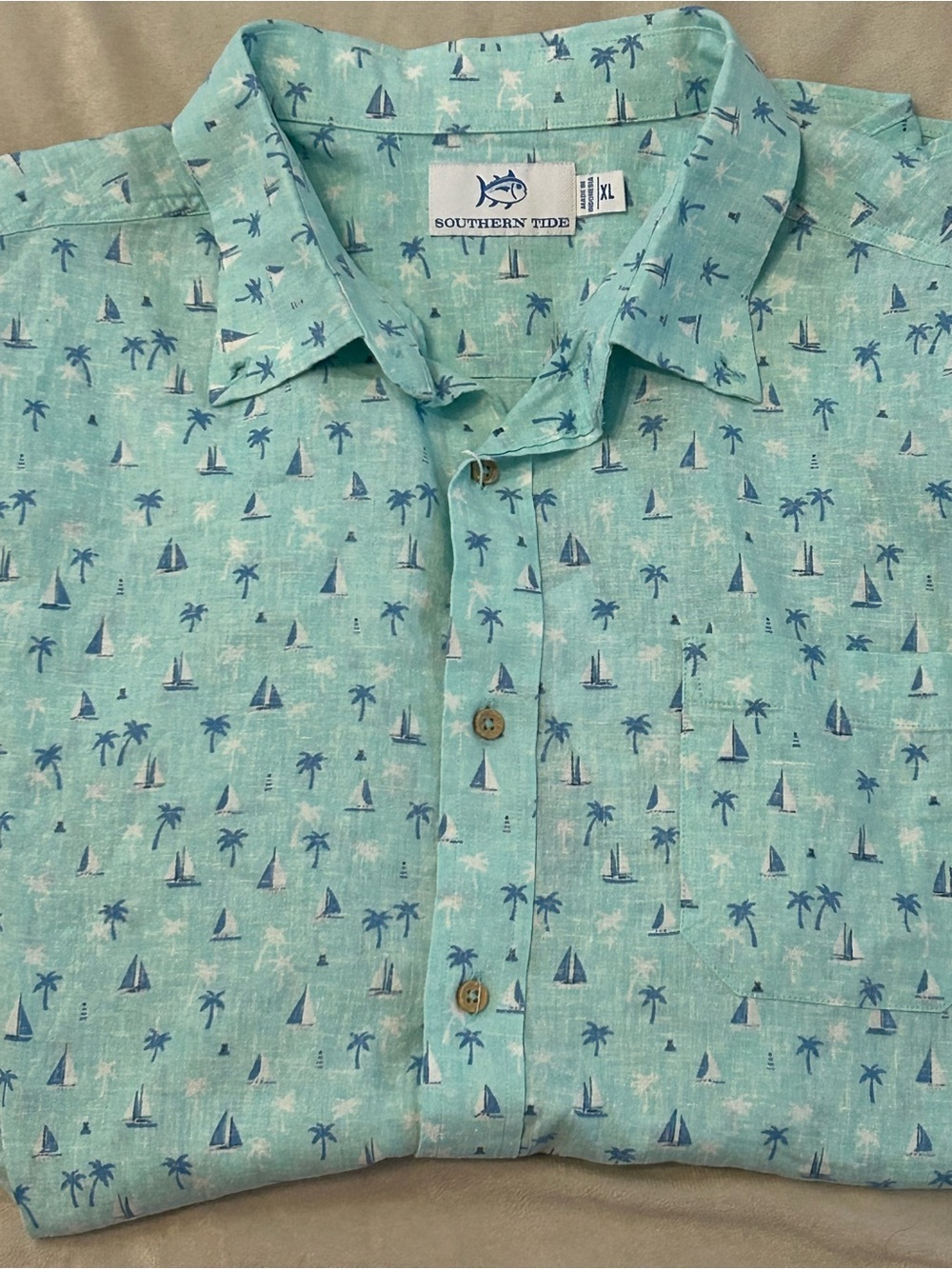 NEW Southern Tide Shirt XL Short Sleeve Linen Rayon Sailboat Palm Tree Mint